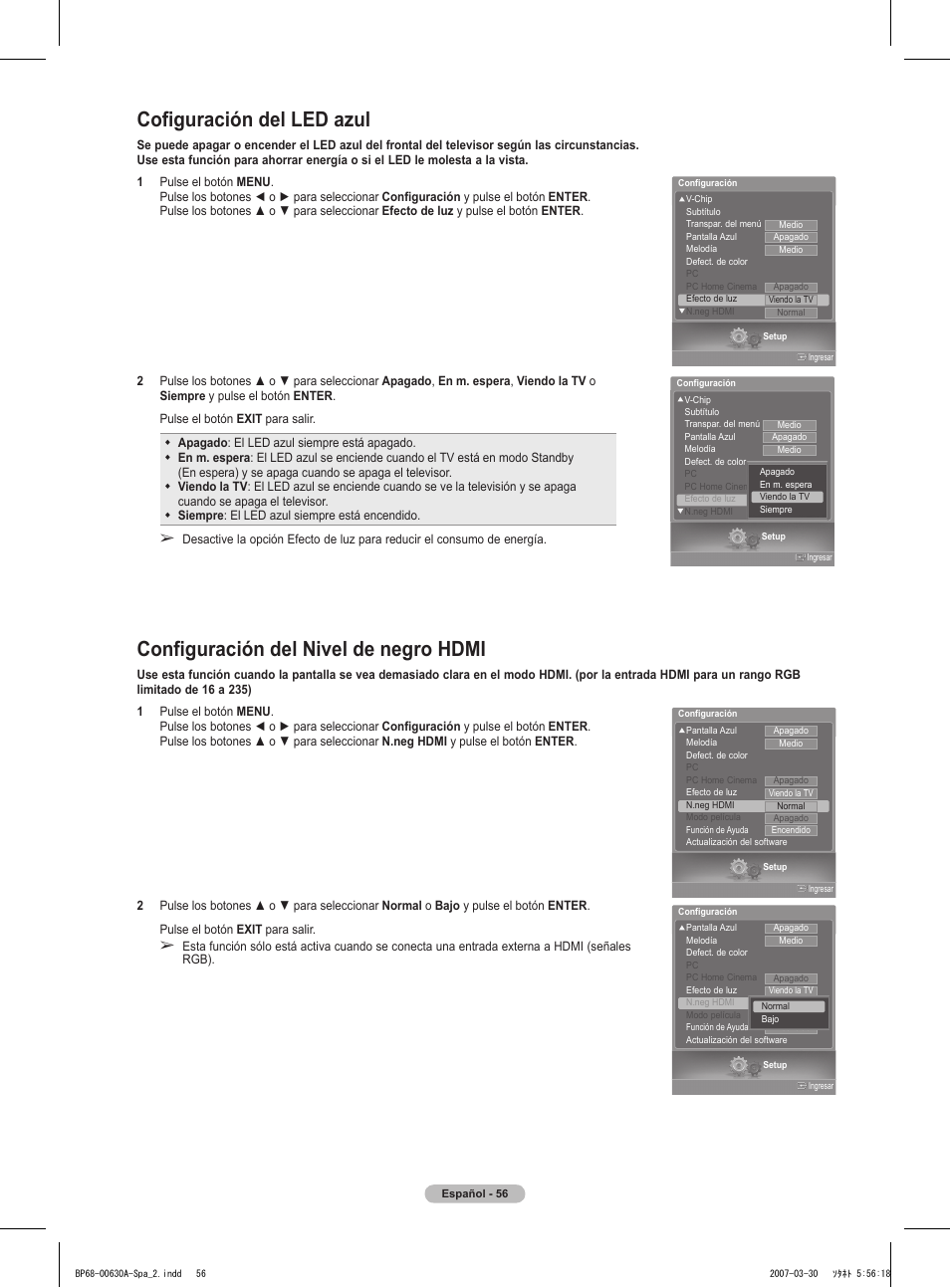 Cofiguración del led azul, Configuración del nivel de negro hdmi | Samsung HLT5676SX-XAA User Manual | Page 139 / 160