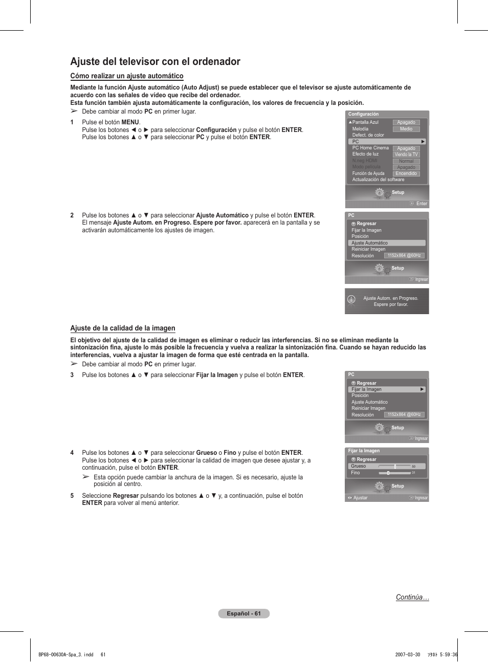 Ajuste del televisor con el ordenador, Cómo realizar un ajuste automático, Ajuste de la calidad de la imagen | Continúa | Samsung HLT5676SX-XAA User Manual | Page 144 / 160