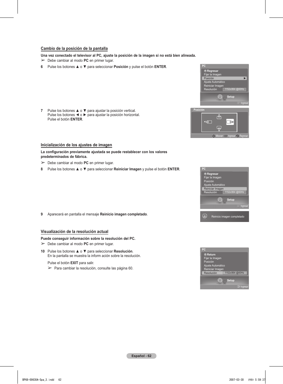 Cambio de la posición de la pantalla, Inicialización de los ajustes de imagen, Visualización de la resolución actual | Samsung HLT5676SX-XAA User Manual | Page 145 / 160