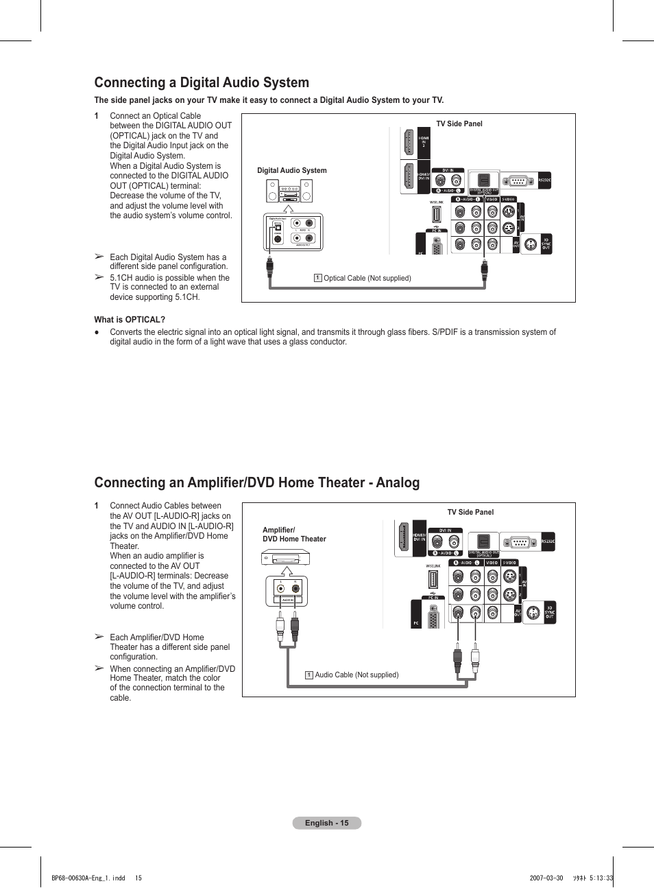 Connecting a digital audio system, Connecting an amplifier/dvd home theater - analog | Samsung HLT5676SX-XAA User Manual | Page 15 / 160