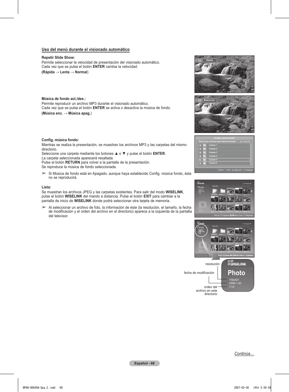 Photo, Uso del menú durante el visionado automático, Continúa | Samsung HLT5676SX-XAA User Manual | Page 151 / 160