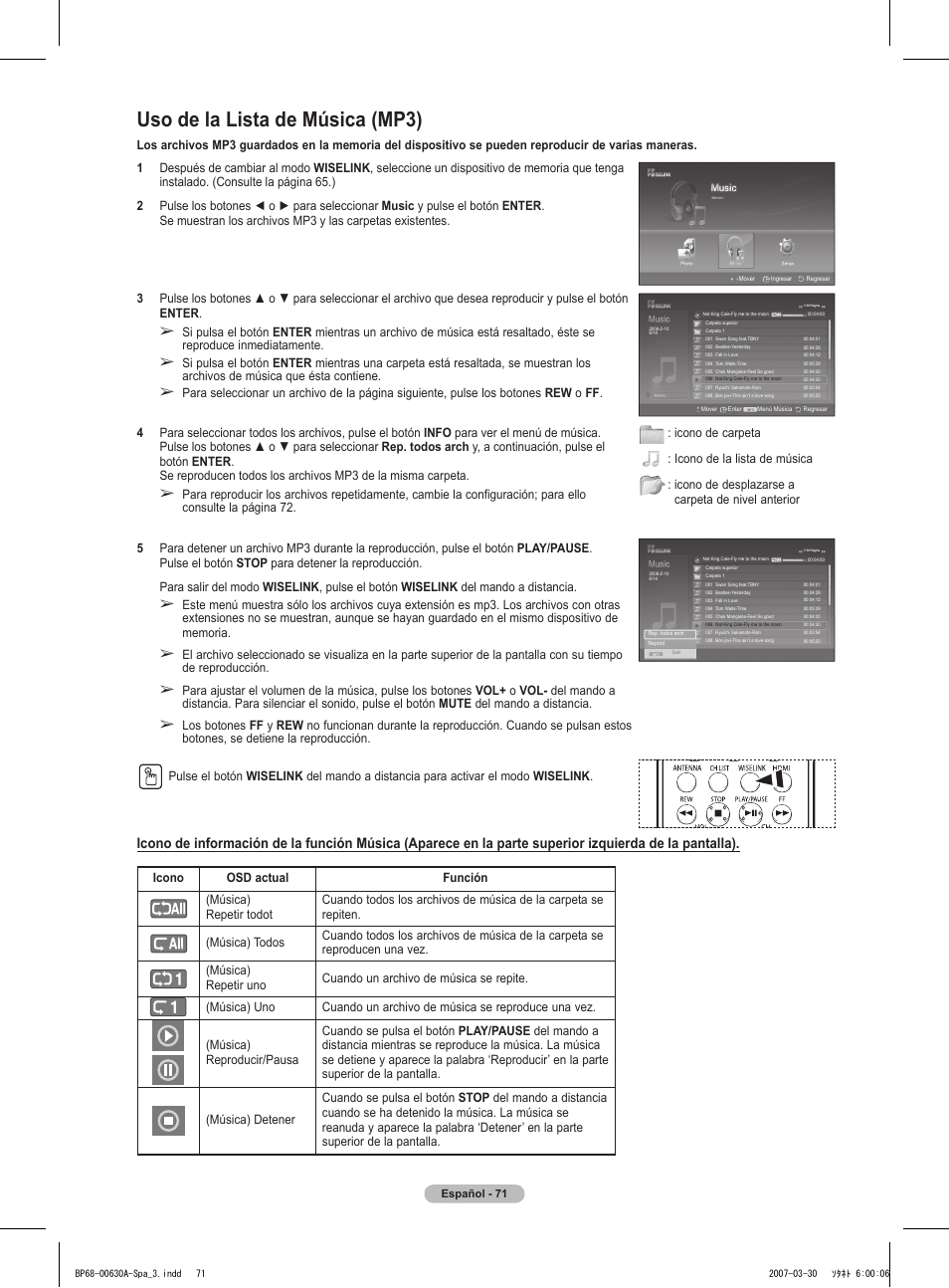Uso de la lista de música (mp3) | Samsung HLT5676SX-XAA User Manual | Page 154 / 160