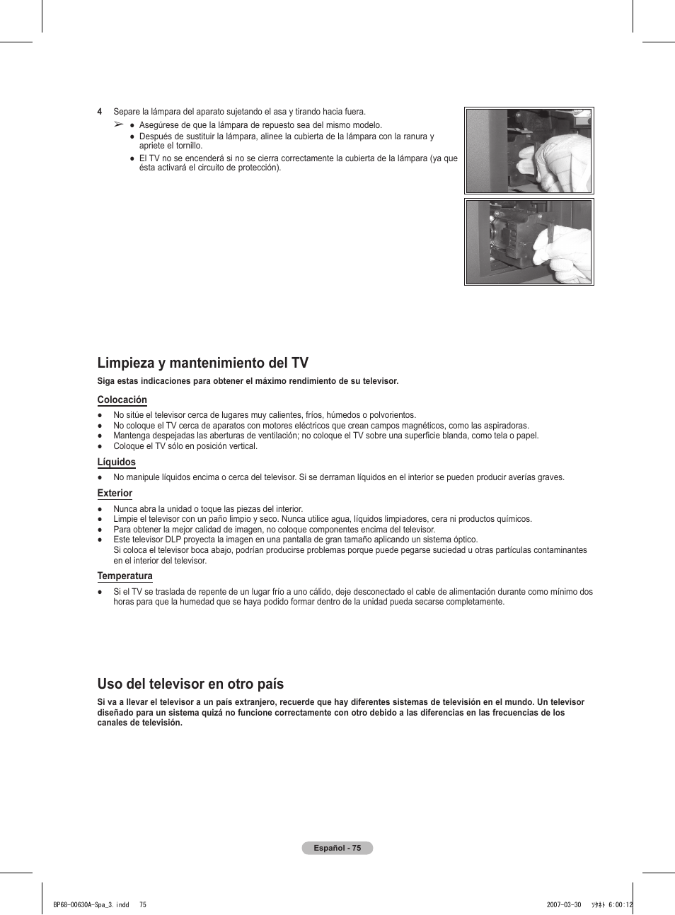 Limpieza y mantenimiento del tv, Uso del televisor en otro país | Samsung HLT5676SX-XAA User Manual | Page 158 / 160