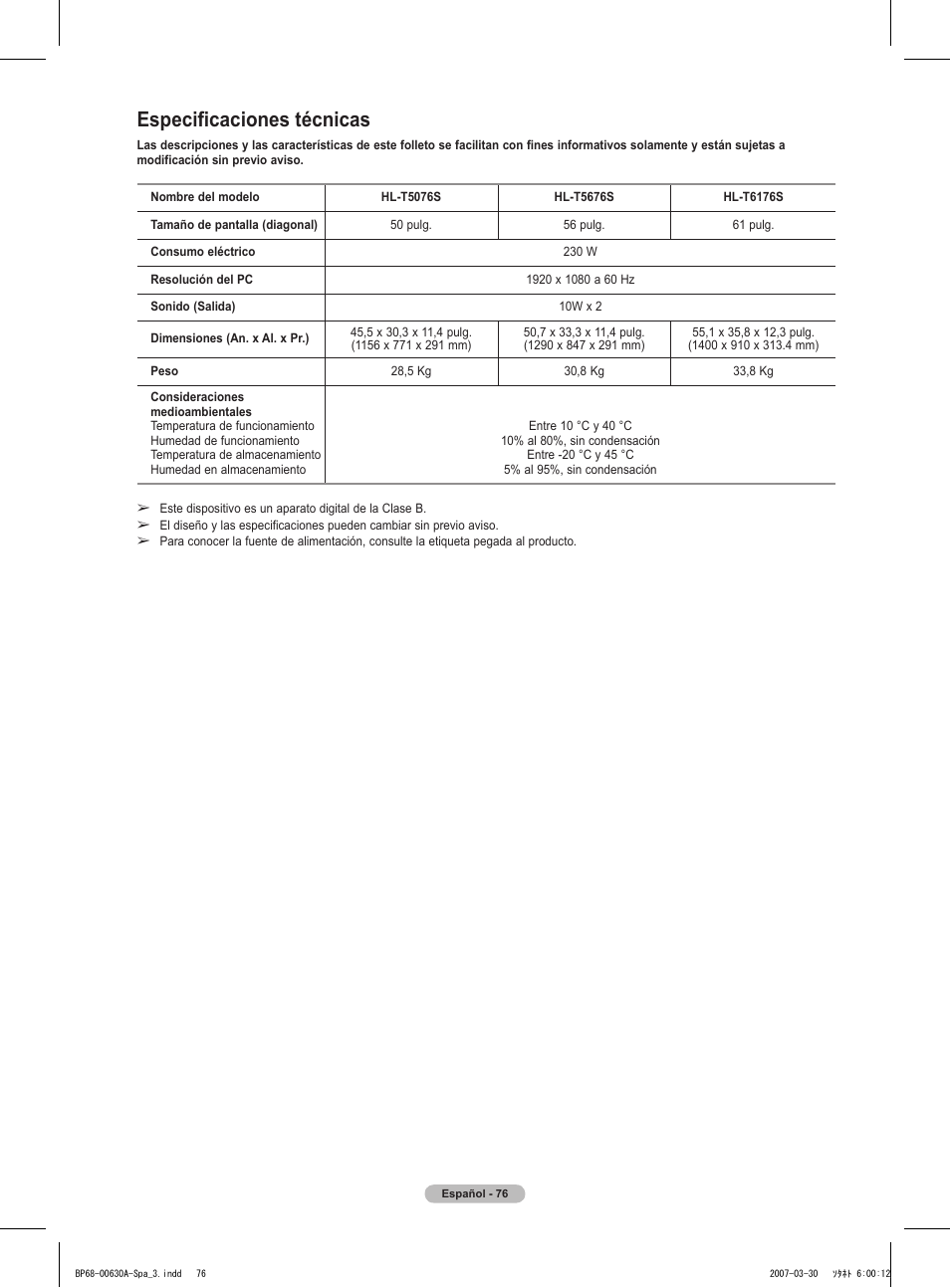 Especificaciones técnicas | Samsung HLT5676SX-XAA User Manual | Page 159 / 160