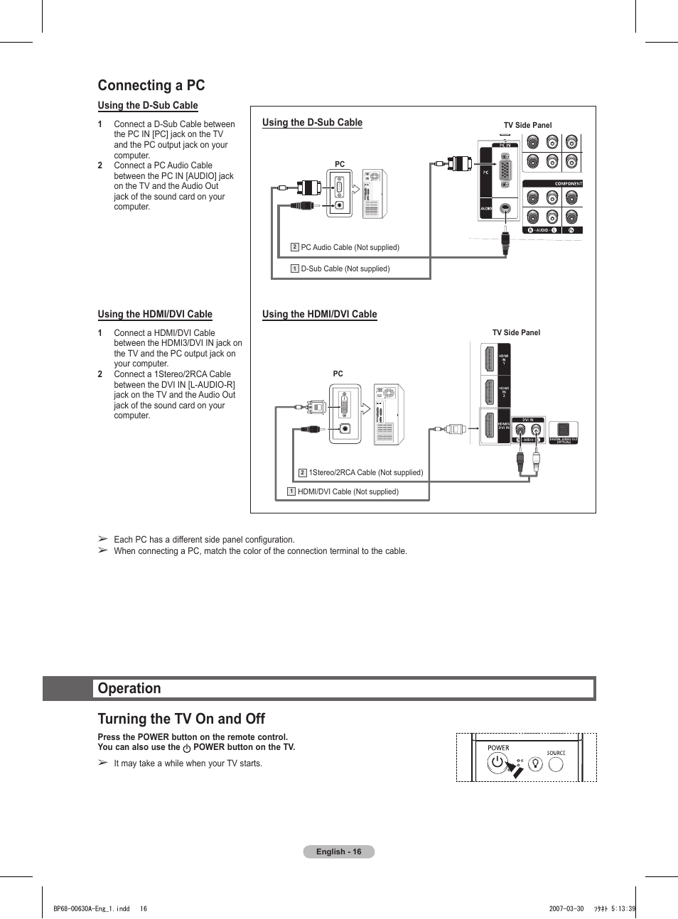 Connecting a pc, Operation, Turning the tv on and off | Operation turning the tv on and off | Samsung HLT5676SX-XAA User Manual | Page 16 / 160