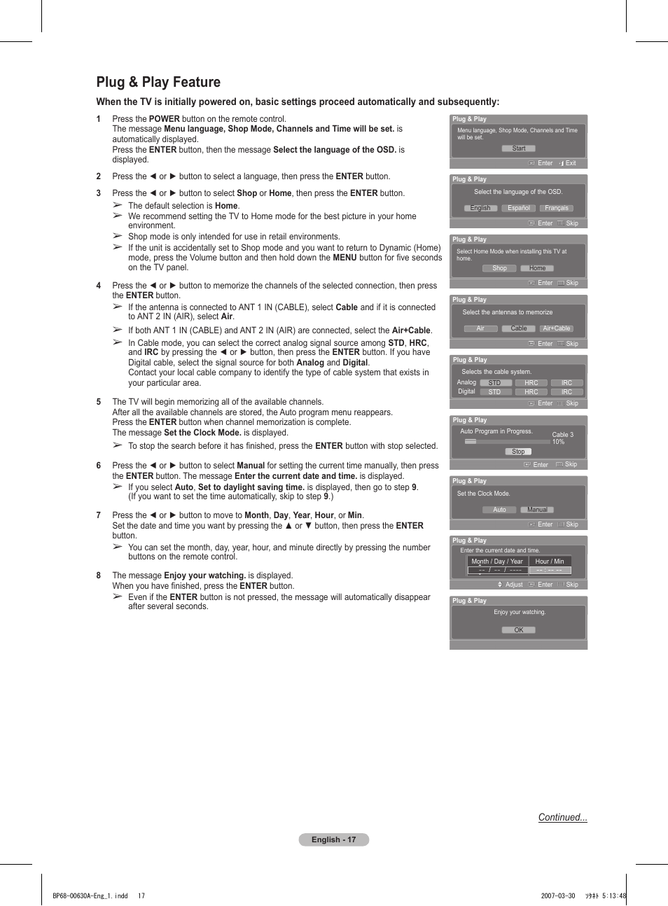 Plug & play feature | Samsung HLT5676SX-XAA User Manual | Page 17 / 160