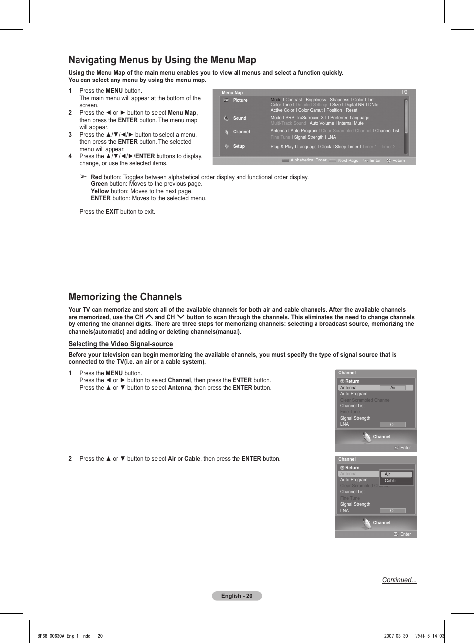 Navigating menus by using the menu map, Memorizing the channels, Selecting the video signal-source | Continued | Samsung HLT5676SX-XAA User Manual | Page 20 / 160