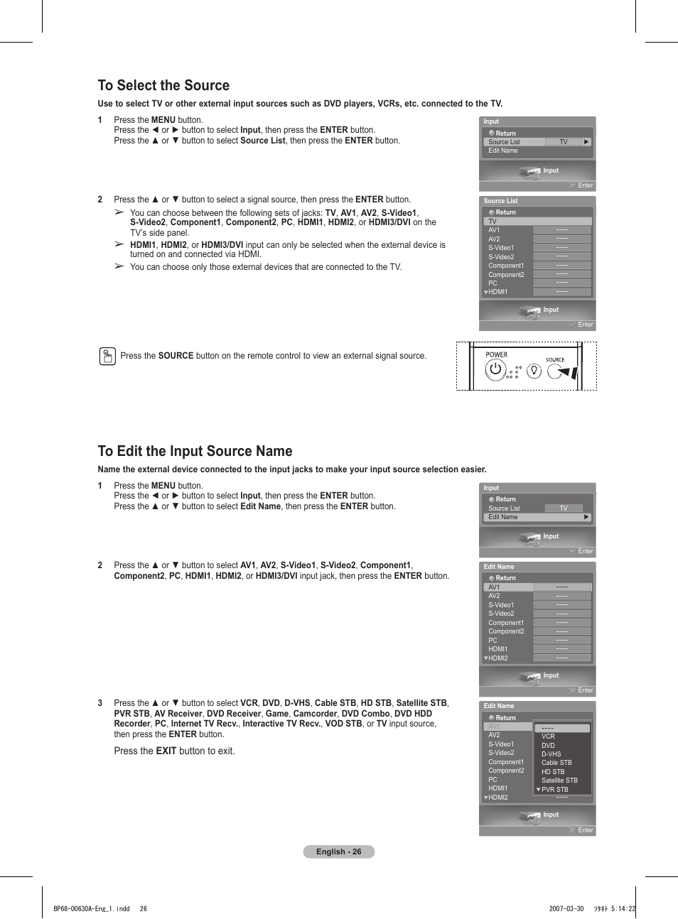 To select the source, To edit the input source name, Press the exit button to exit | Samsung HLT5676SX-XAA User Manual | Page 26 / 160