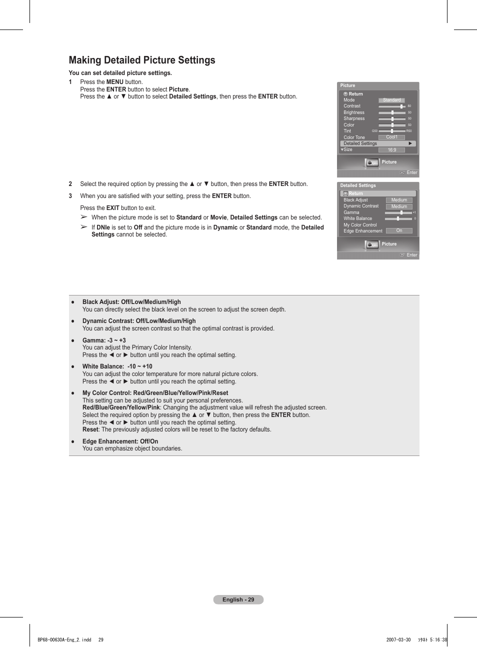 Making detailed picture settings | Samsung HLT5676SX-XAA User Manual | Page 29 / 160