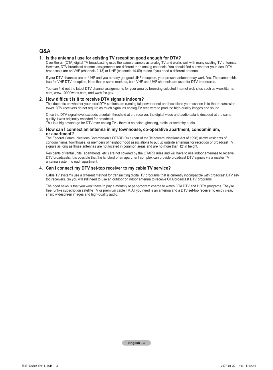 How difficult is it to receive dtv signals indoors | Samsung HLT5676SX-XAA User Manual | Page 3 / 160