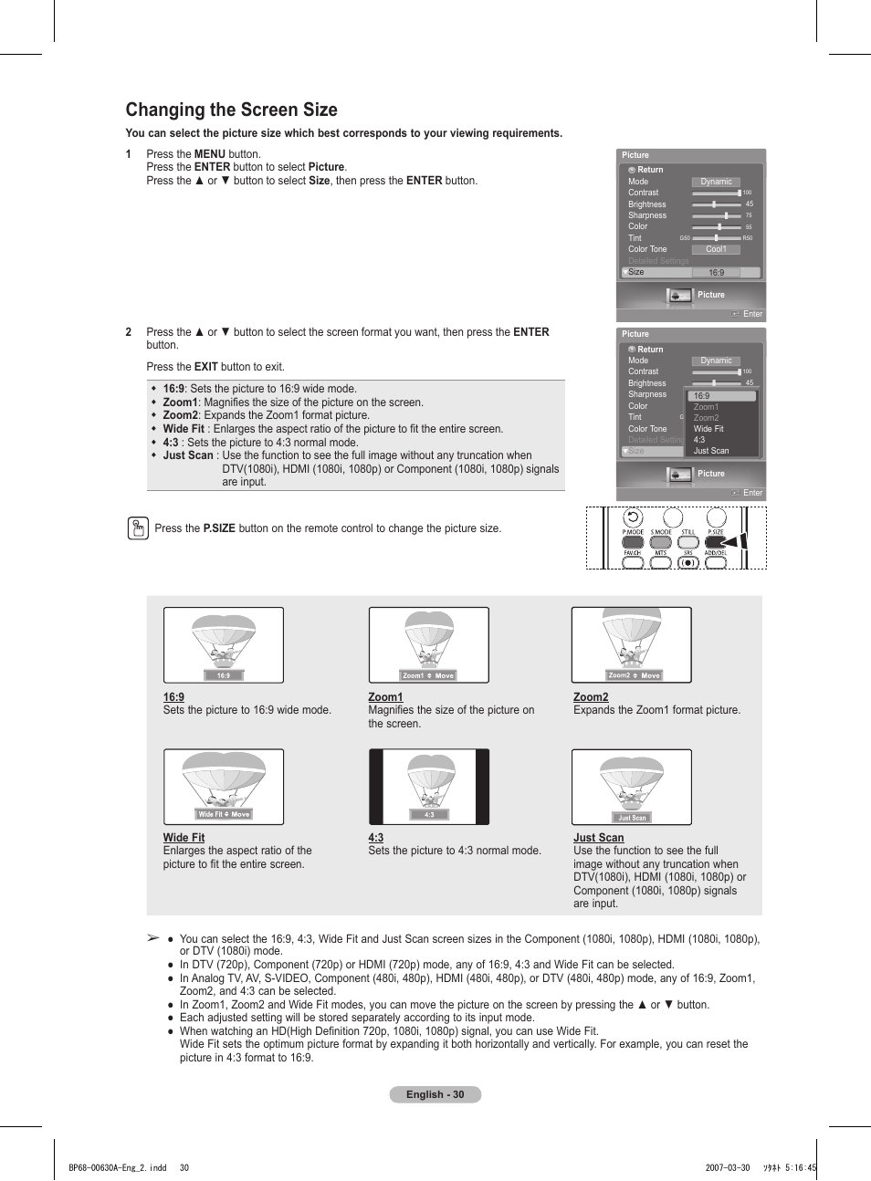 Changing the screen size | Samsung HLT5676SX-XAA User Manual | Page 30 / 160