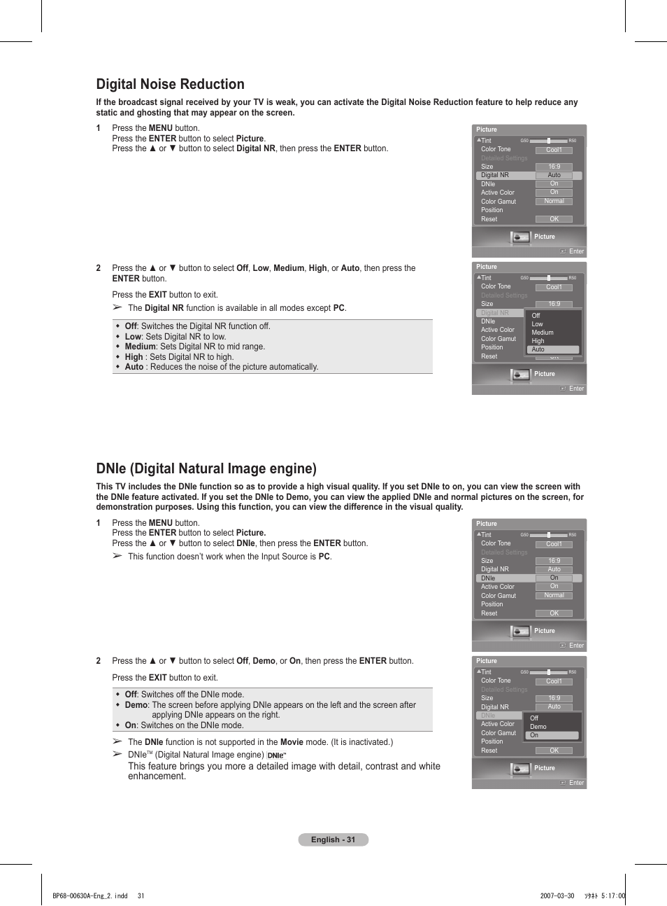 Digital noise reduction, Dnie (digital natural image engine) | Samsung HLT5676SX-XAA User Manual | Page 31 / 160