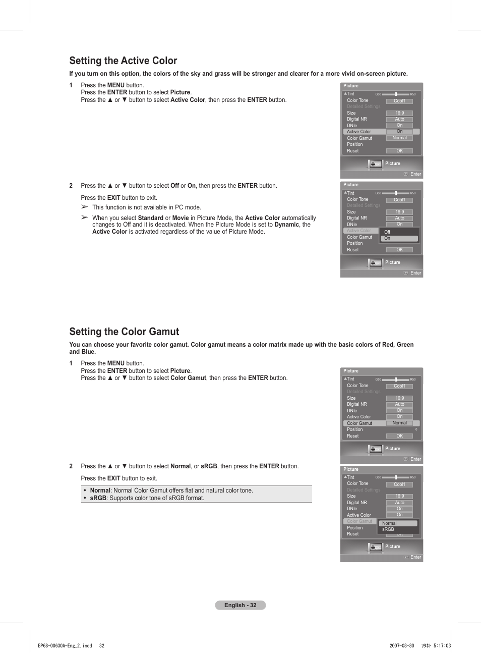 Setting the active color, Setting the color gamut | Samsung HLT5676SX-XAA User Manual | Page 32 / 160