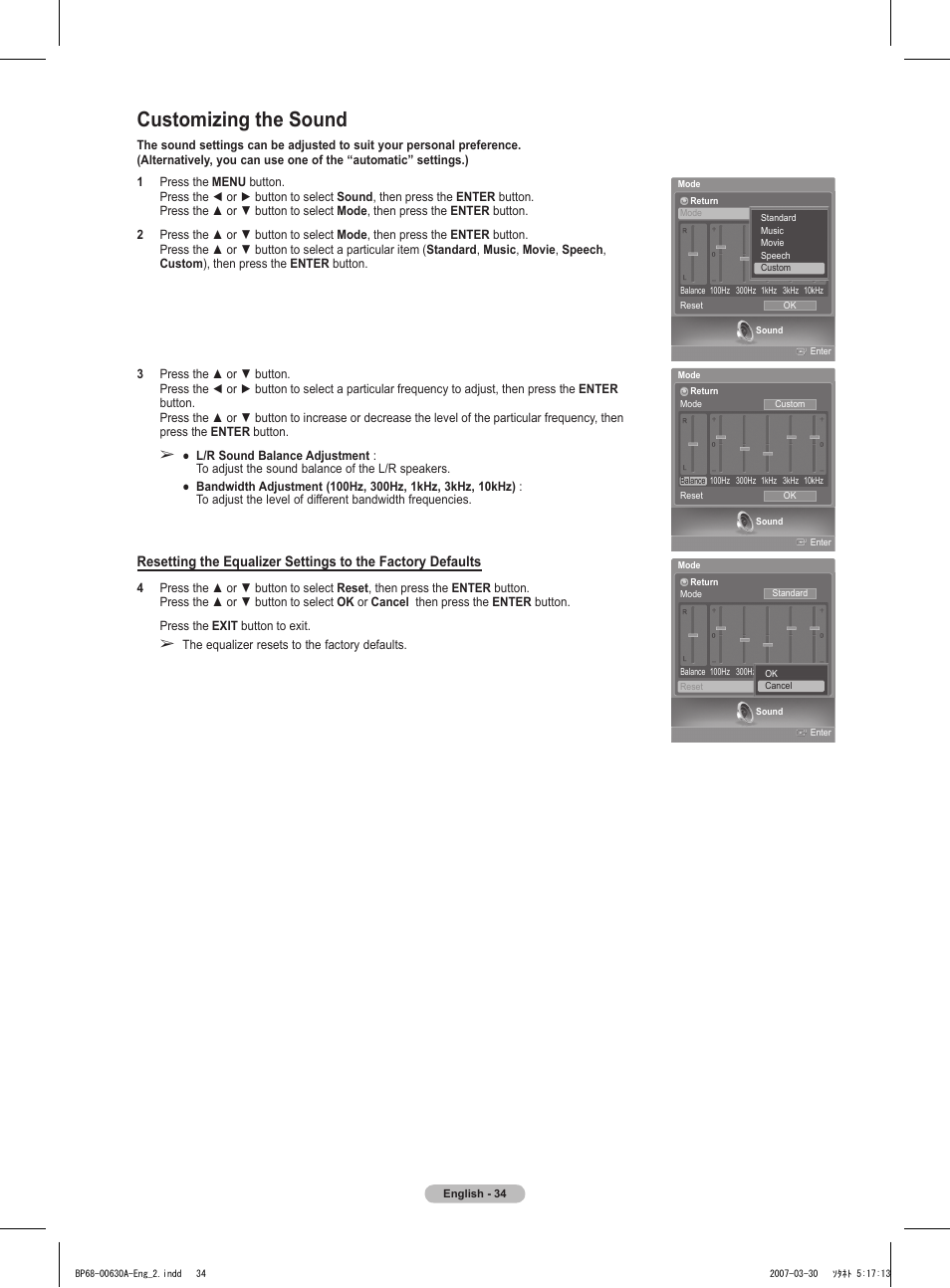 Customizing the sound | Samsung HLT5676SX-XAA User Manual | Page 34 / 160