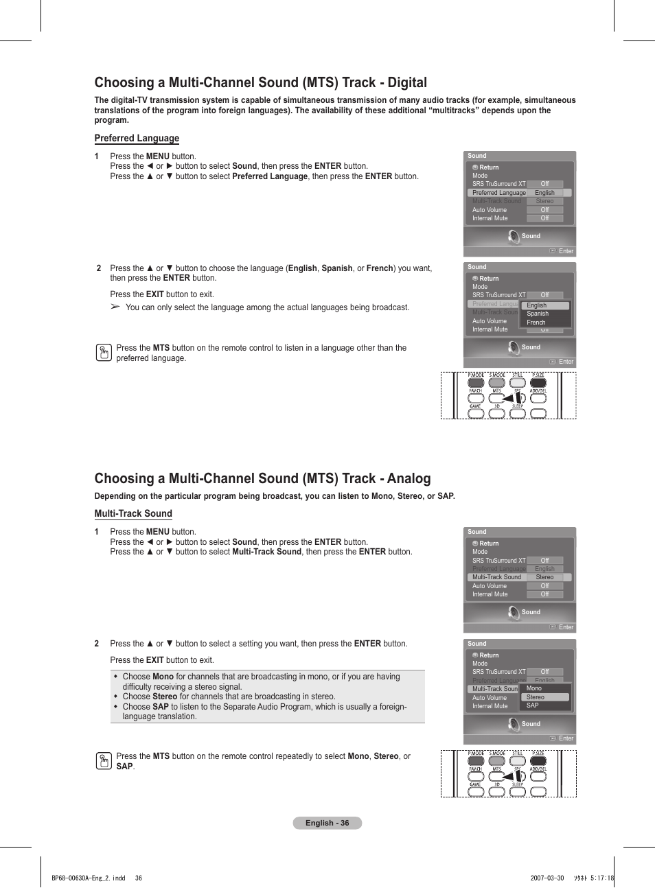 Multi-track sound, Preferred language | Samsung HLT5676SX-XAA User Manual | Page 36 / 160
