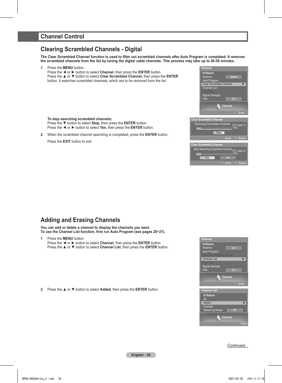 Channel control, Clearing scrambled channels - digital, Adding and erasing channels | Continued | Samsung HLT5676SX-XAA User Manual | Page 38 / 160