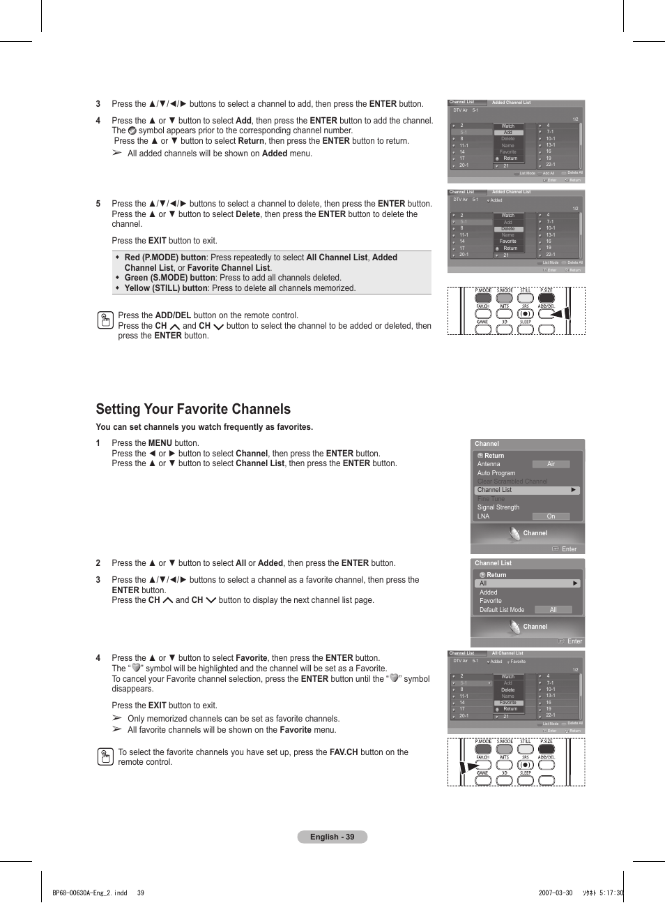 Setting your favorite channels | Samsung HLT5676SX-XAA User Manual | Page 39 / 160