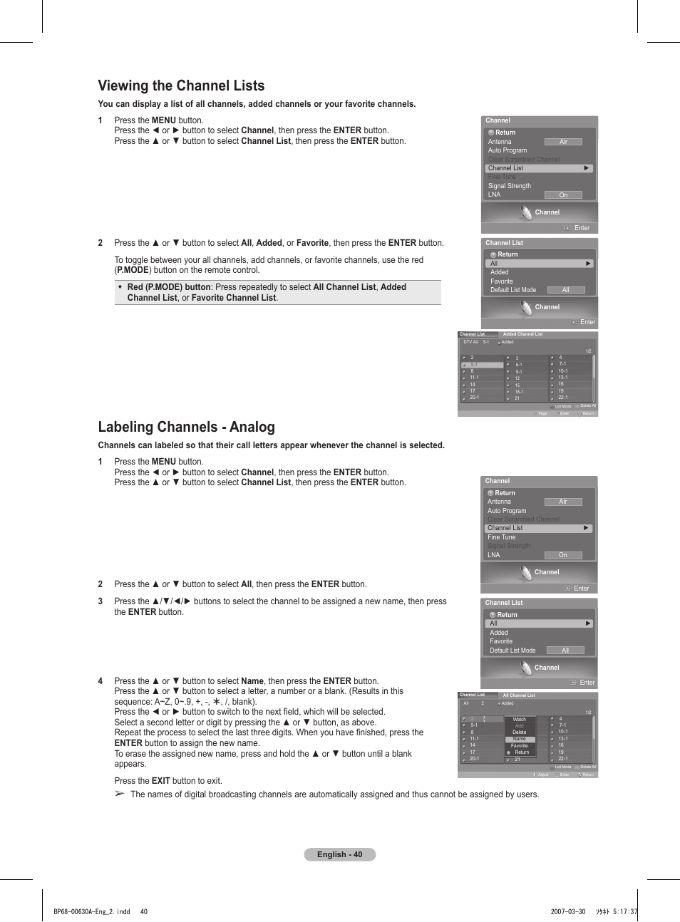 Viewing the channel lists, Labeling channels - analog | Samsung HLT5676SX-XAA User Manual | Page 40 / 160