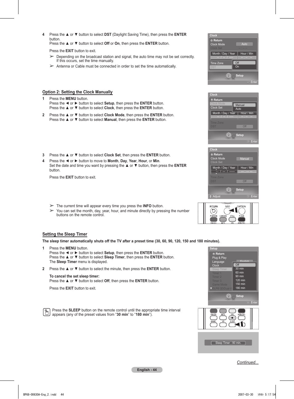 Continued, Option 2: setting the clock manually, Setting the sleep timer | Samsung HLT5676SX-XAA User Manual | Page 44 / 160