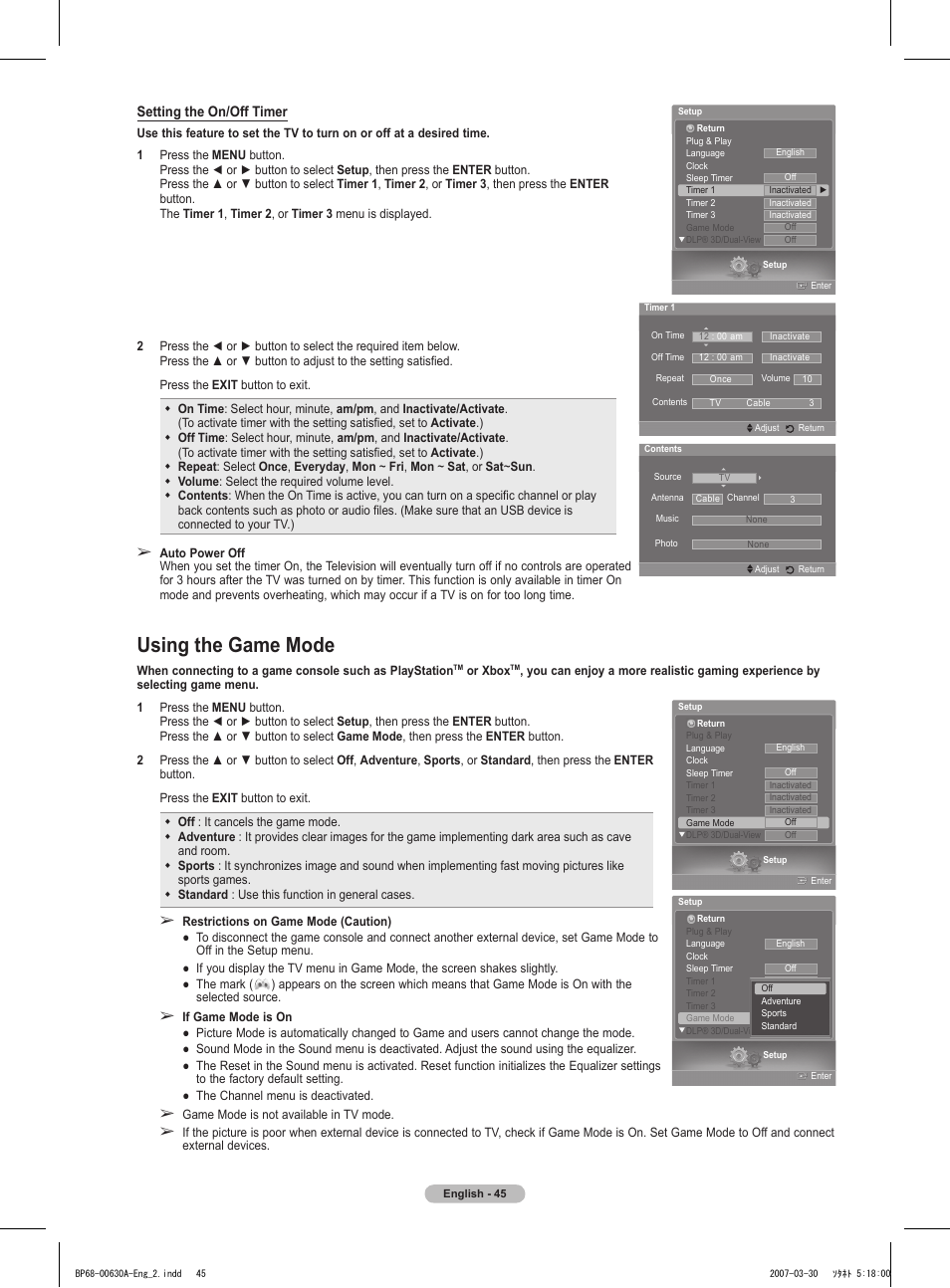 Using the game mode | Samsung HLT5676SX-XAA User Manual | Page 45 / 160