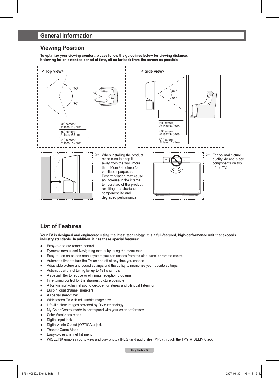 General information, Viewing position, List of features | General information viewing position | Samsung HLT5676SX-XAA User Manual | Page 5 / 160