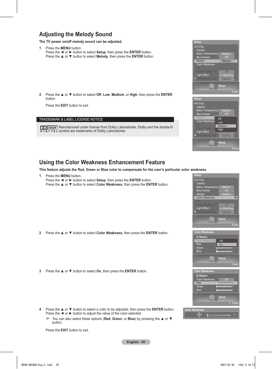 Adjusting the melody sound, Using the color weakness enhancement feature | Samsung HLT5676SX-XAA User Manual | Page 55 / 160