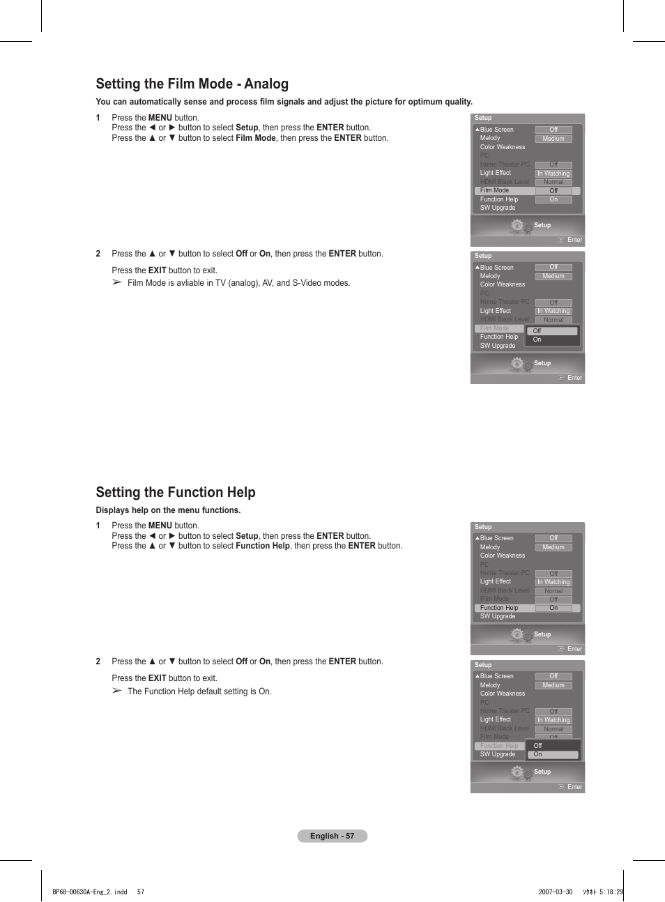 Setting the film mode - analog, Setting the function help | Samsung HLT5676SX-XAA User Manual | Page 57 / 160