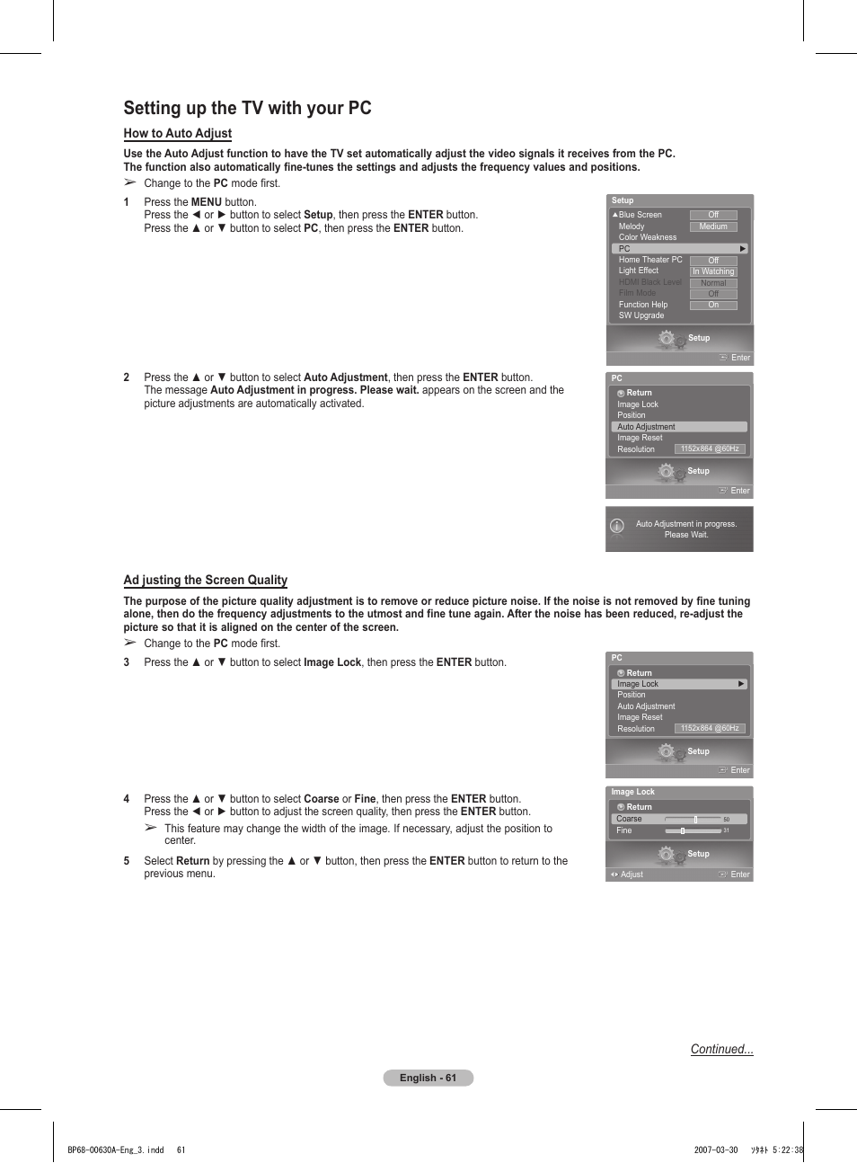 Setting up the tv with your pc, How to auto adjust, Ad justing the screen quality | Continued | Samsung HLT5676SX-XAA User Manual | Page 61 / 160