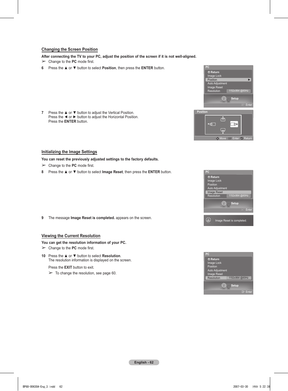 Changing the screen position, Initializing the image settings, Viewing the current resolution | Samsung HLT5676SX-XAA User Manual | Page 62 / 160