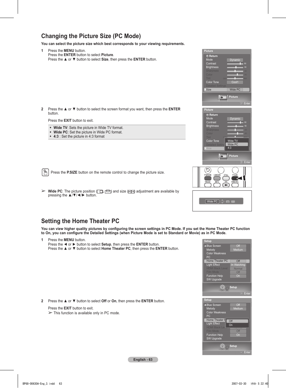 Changing the picture size (pc mode), Setting the home theater pc | Samsung HLT5676SX-XAA User Manual | Page 63 / 160