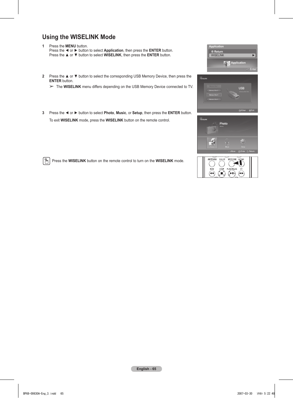 Using the wiselink mode | Samsung HLT5676SX-XAA User Manual | Page 65 / 160