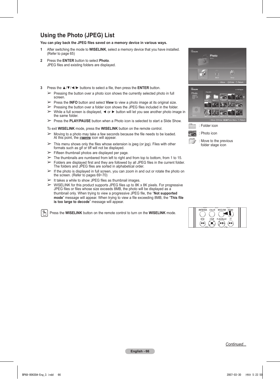 Using the photo (jpeg) list | Samsung HLT5676SX-XAA User Manual | Page 66 / 160