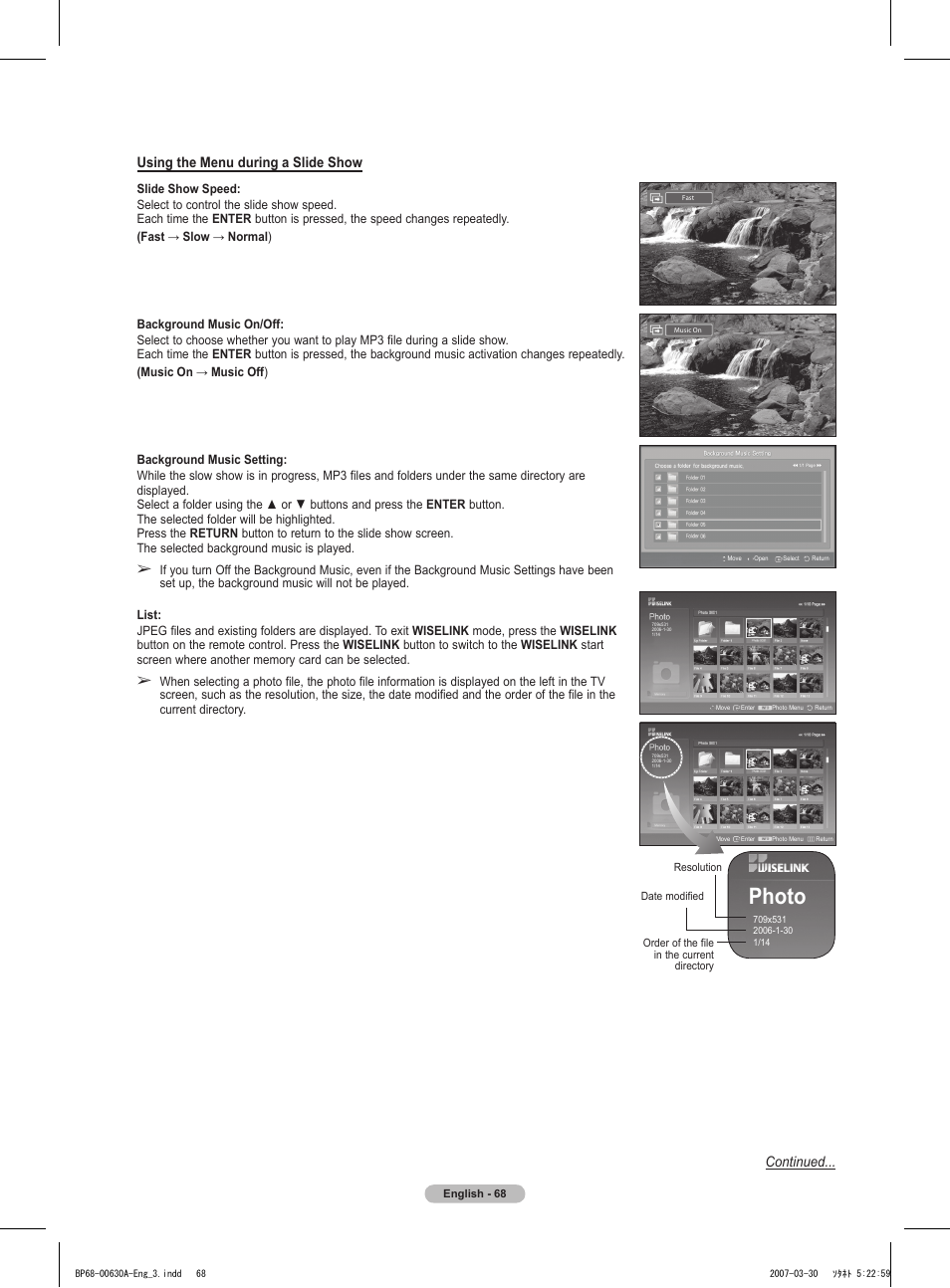 Photo, Using the menu during a slide show, Continued | Samsung HLT5676SX-XAA User Manual | Page 68 / 160