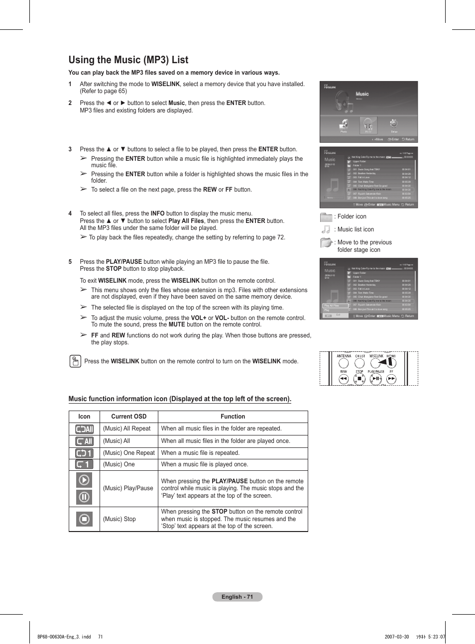 Using the music (mp3) list | Samsung HLT5676SX-XAA User Manual | Page 71 / 160