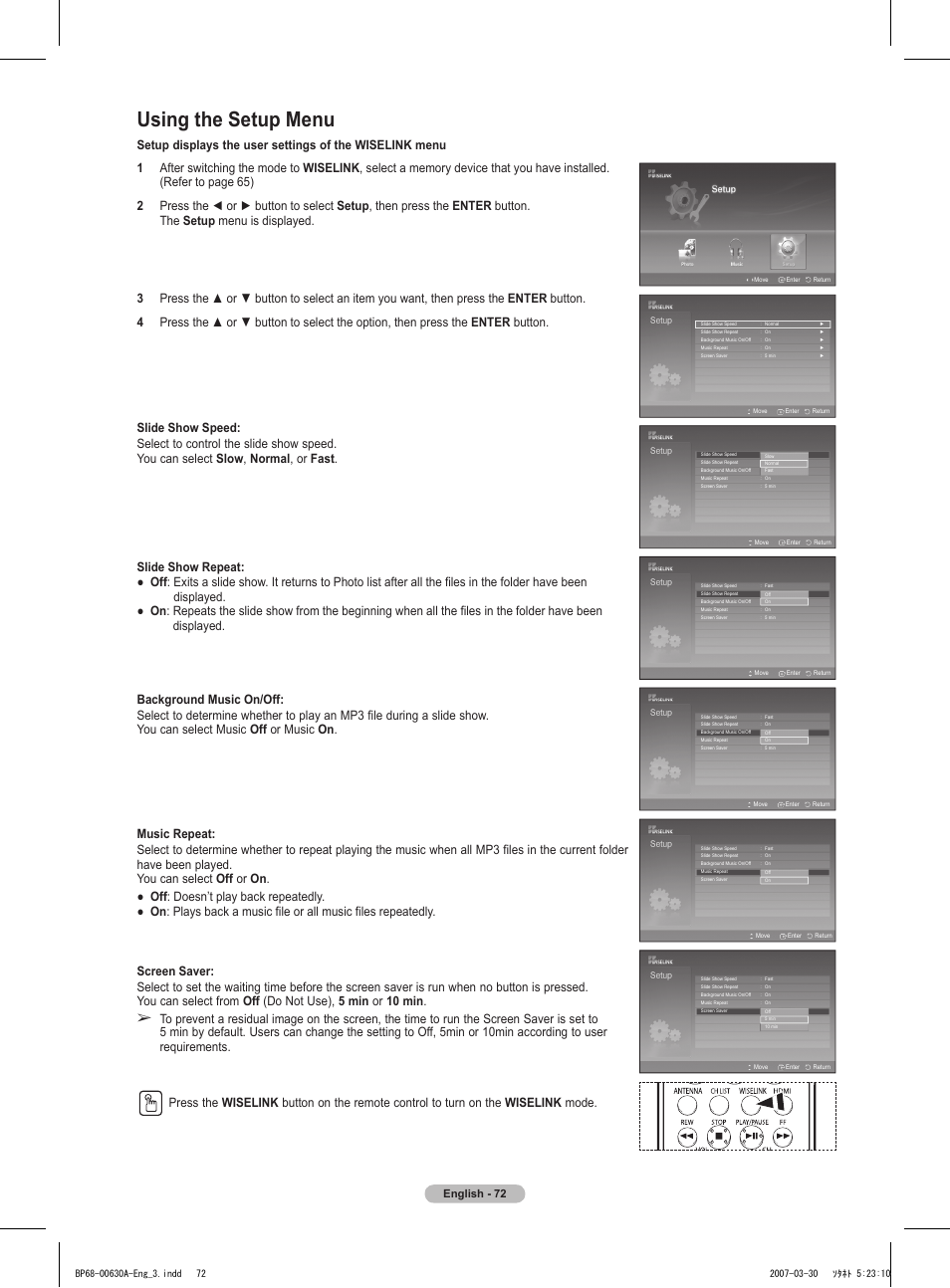 Using the setup menu, English - 72 | Samsung HLT5676SX-XAA User Manual | Page 72 / 160