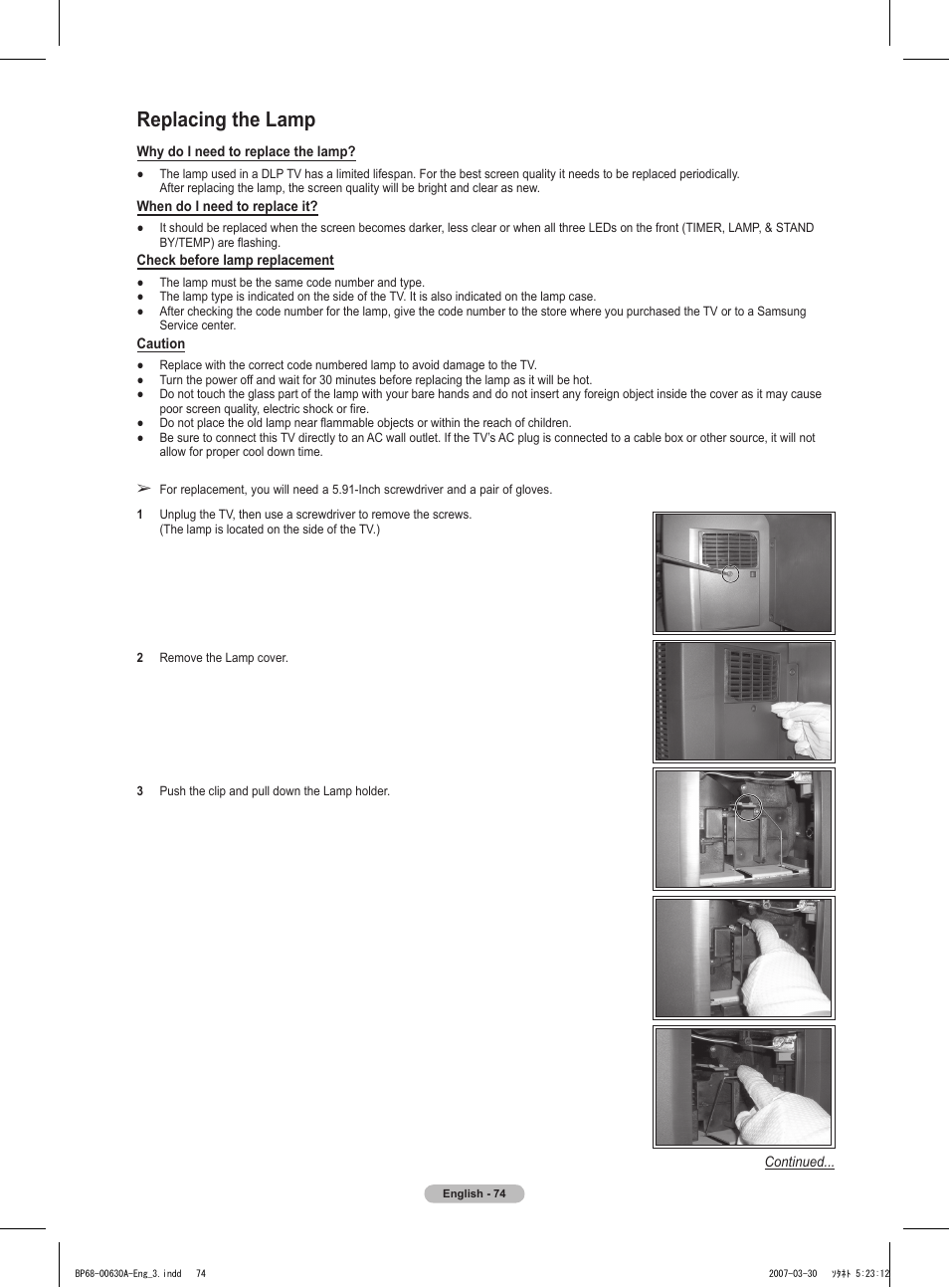 Replacing the lamp | Samsung HLT5676SX-XAA User Manual | Page 74 / 160