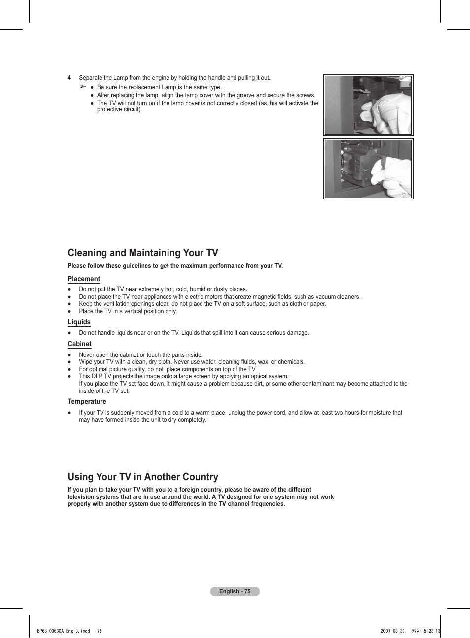 Cleaning and maintaining your tv, Using your tv in another country | Samsung HLT5676SX-XAA User Manual | Page 75 / 160