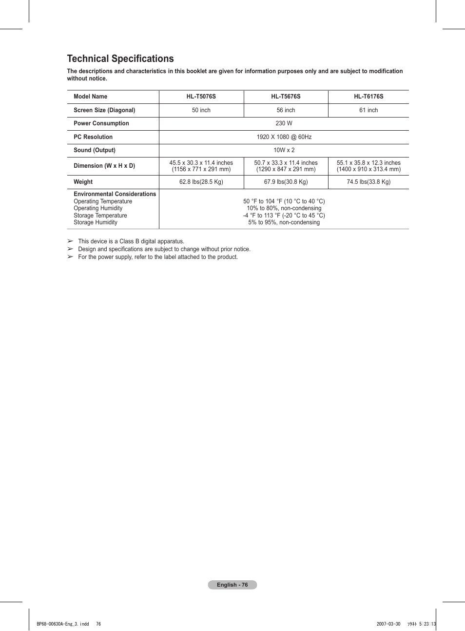 Technical specifications | Samsung HLT5676SX-XAA User Manual | Page 76 / 160
