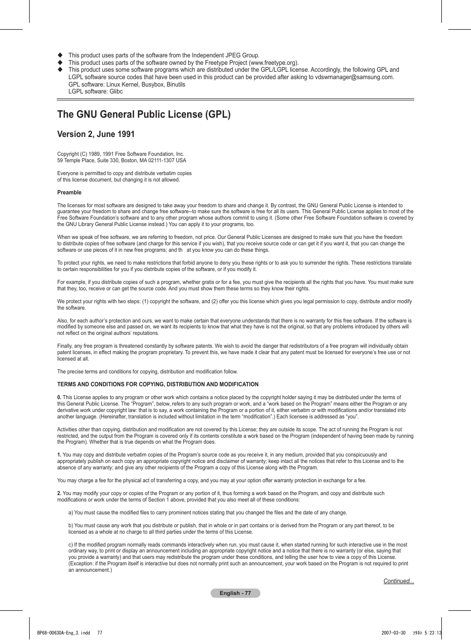 The gnu general public license (gpl) | Samsung HLT5676SX-XAA User Manual | Page 77 / 160