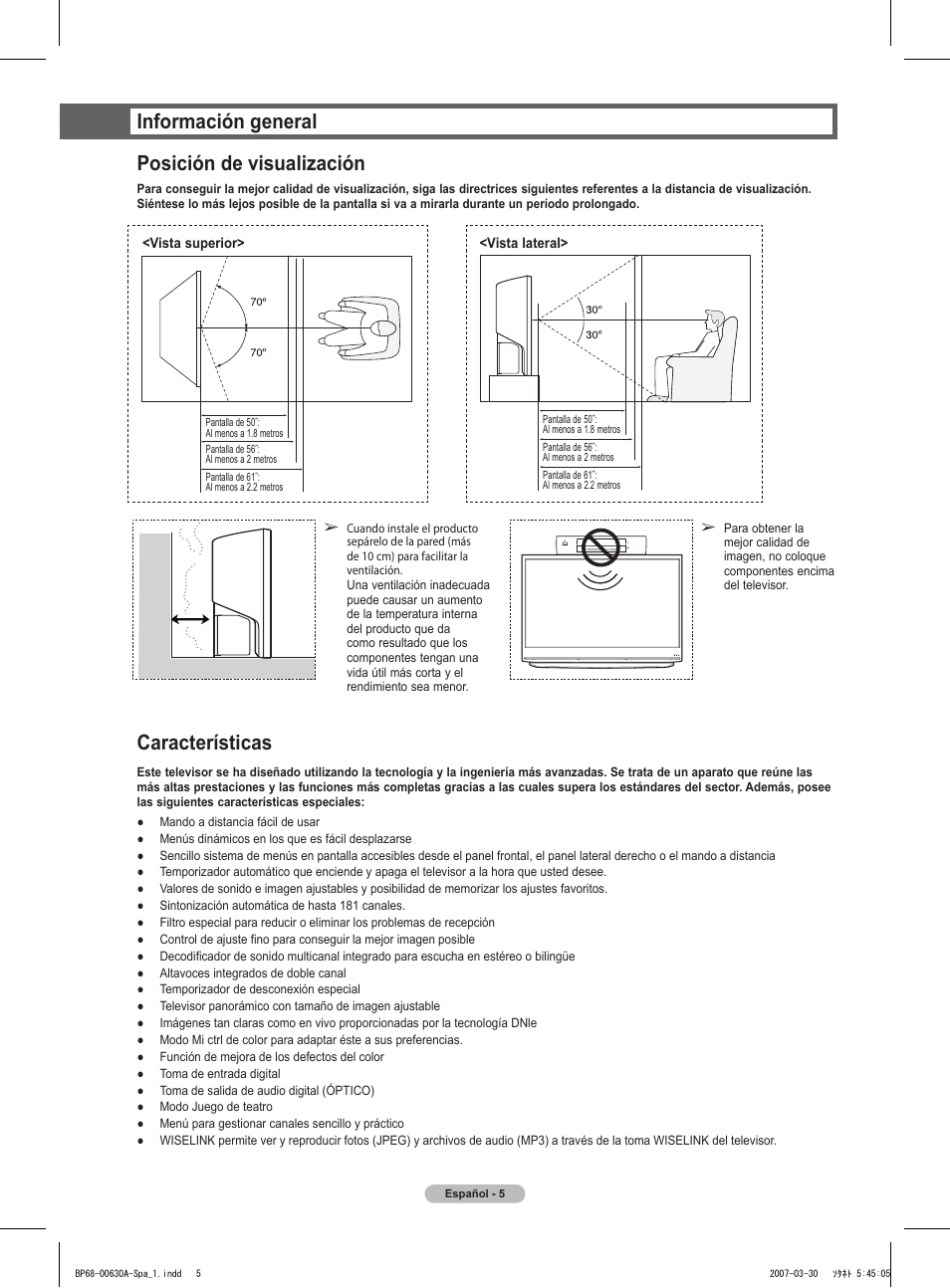 Información general posición de visualización, Características | Samsung HLT5676SX-XAA User Manual | Page 88 / 160