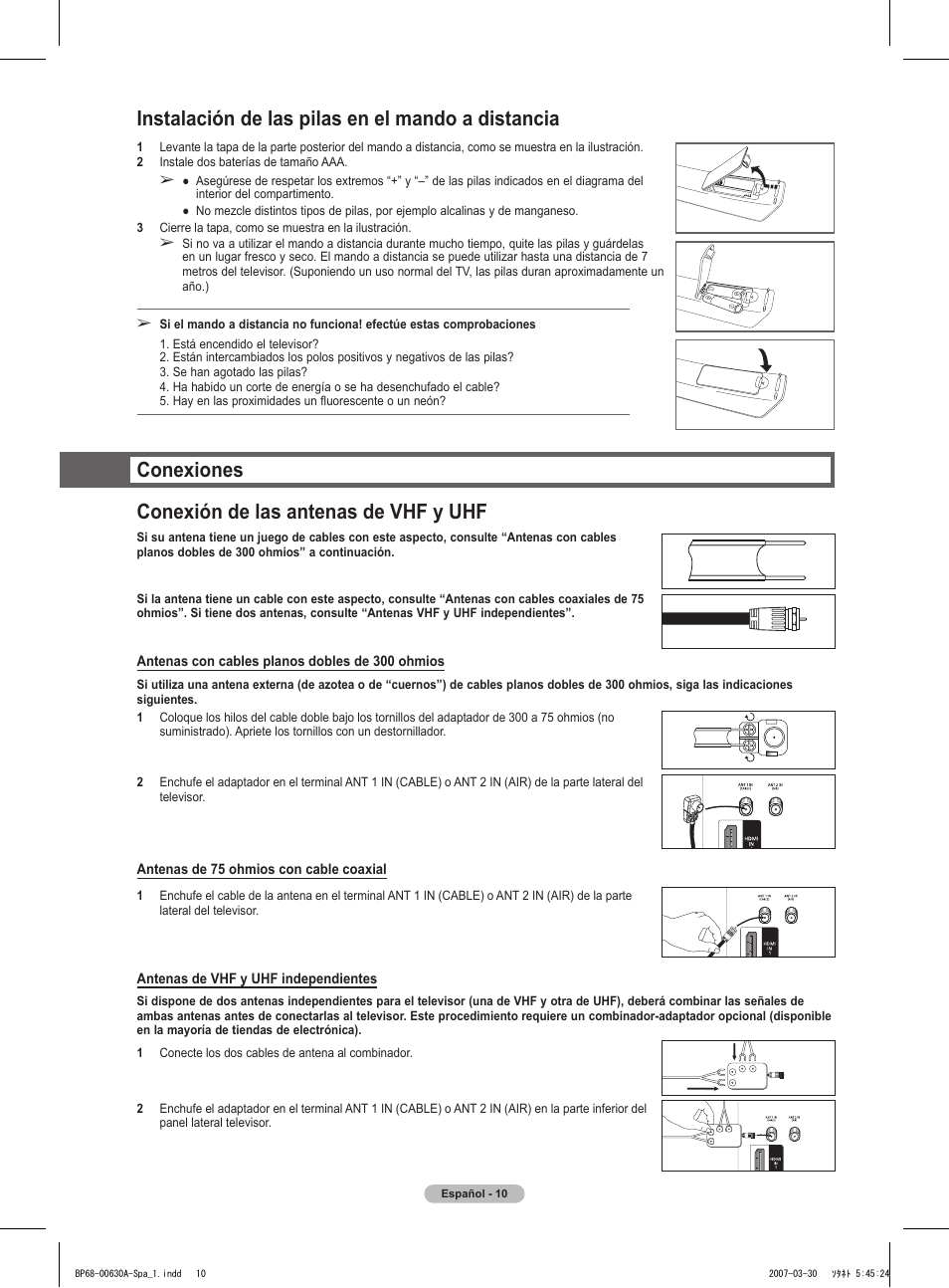 Instalación de las pilas en el mando a distancia, Conexiones conexión de las antenas de vhf y uhf | Samsung HLT5676SX-XAA User Manual | Page 93 / 160