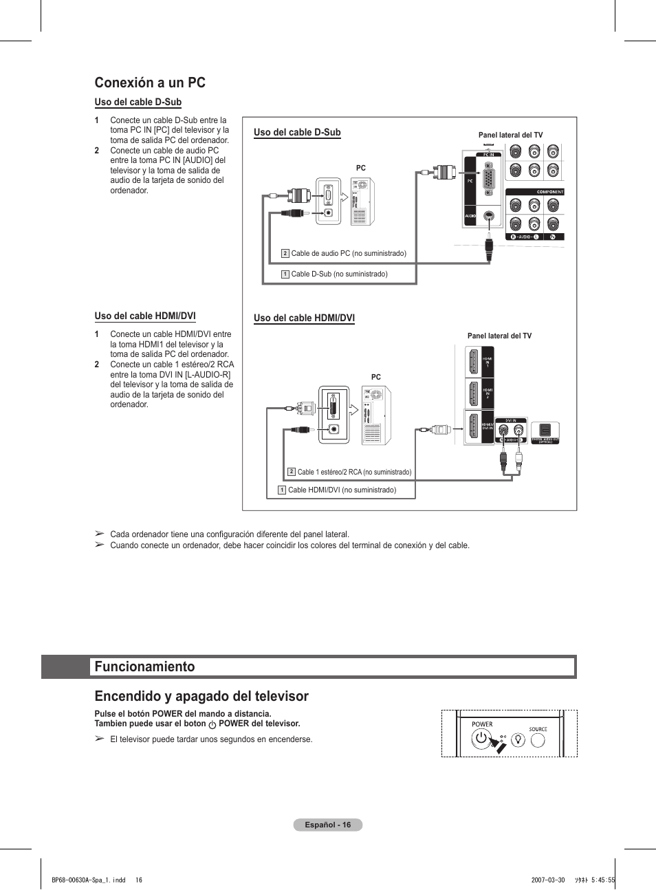 Conexión a un pc, Funcionamiento encendido y apagado del televisor | Samsung HLT5676SX-XAA User Manual | Page 99 / 160