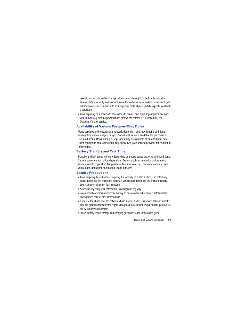 Availability of various features/ring tones, Battery standby and talk time, Battery precautions | Samsung SCH-R335MSATRF User Manual | Page 105 / 108
