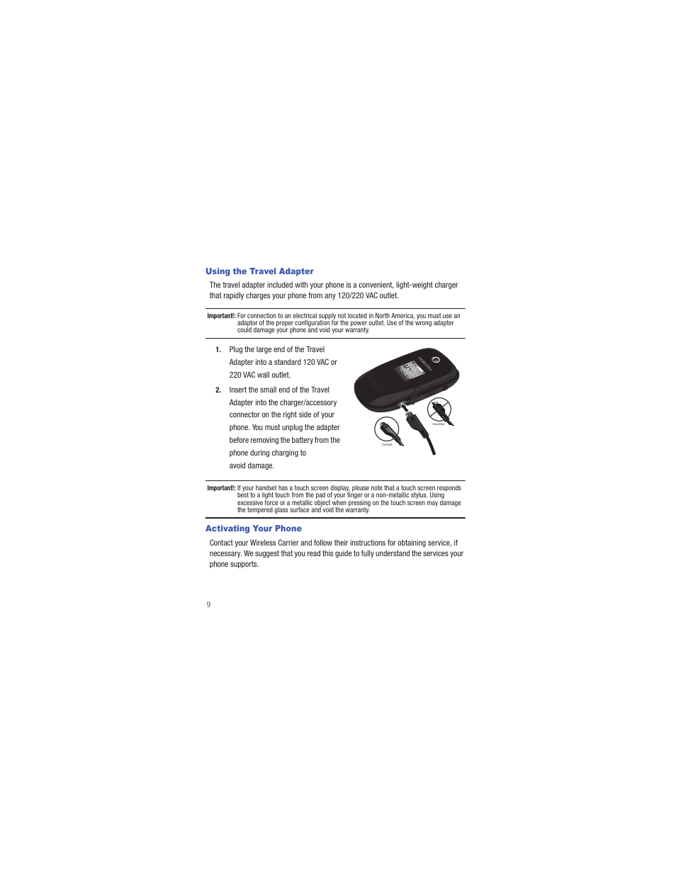 Using the travel adapter, Activating your phone, Using the travel adapter activating your phone | Samsung SCH-R335MSATRF User Manual | Page 18 / 108