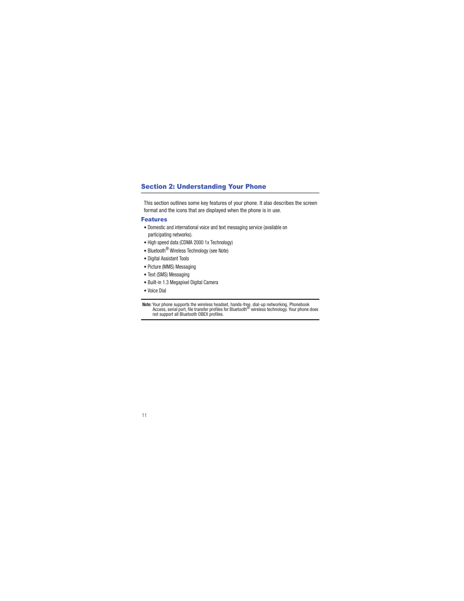 Section 2: understanding your phone, Features | Samsung SCH-R335MSATRF User Manual | Page 20 / 108