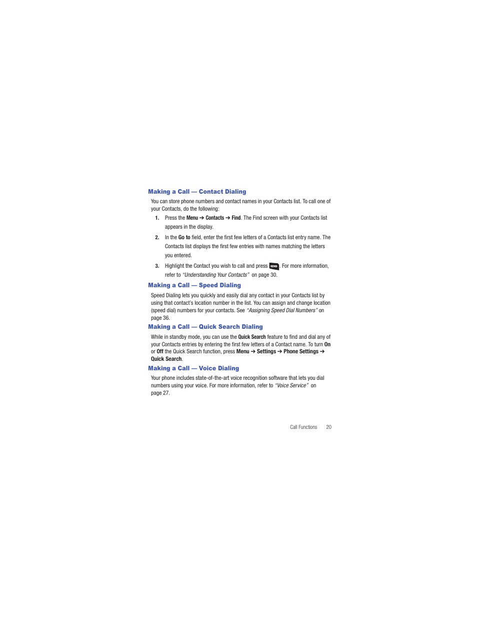 Making a call — contact dialing, Making a call — speed dialing, Making a call — quick search dialing | Making a call — voice dialing | Samsung SCH-R335MSATRF User Manual | Page 29 / 108