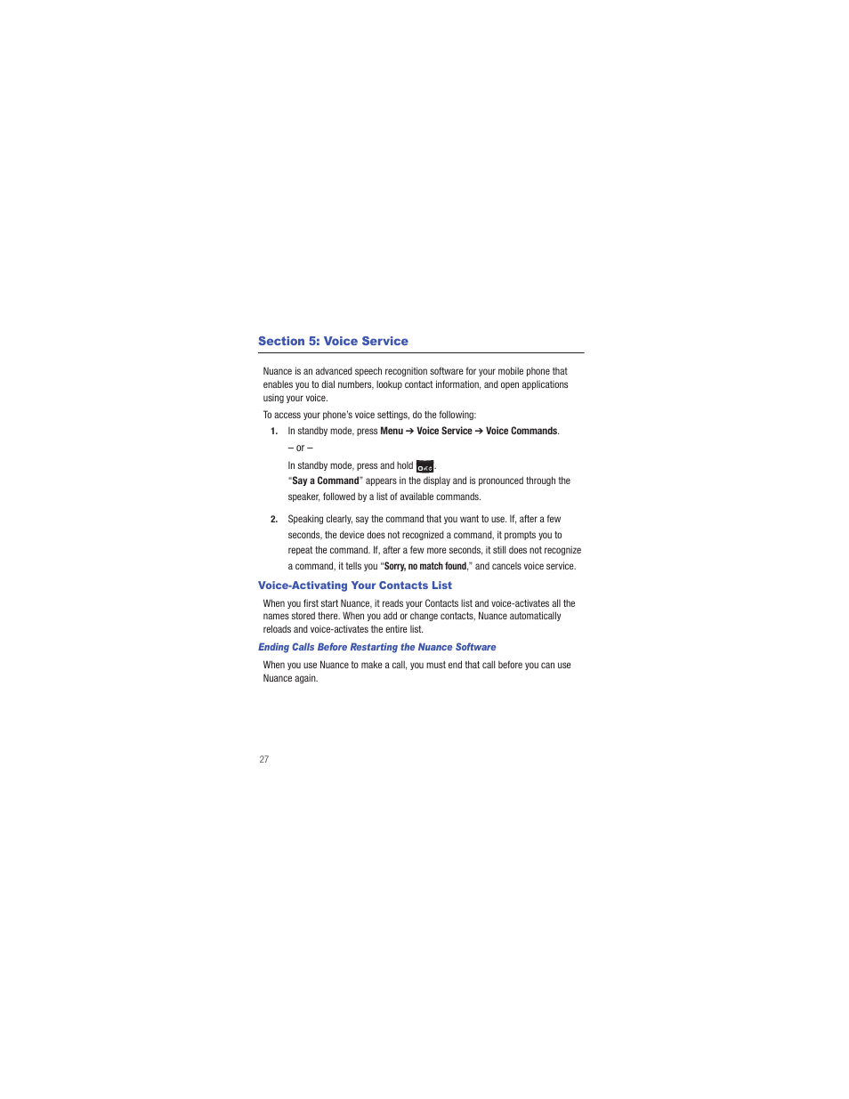 Section 5: voice service, Voice-activating your contacts list | Samsung SCH-R335MSATRF User Manual | Page 36 / 108