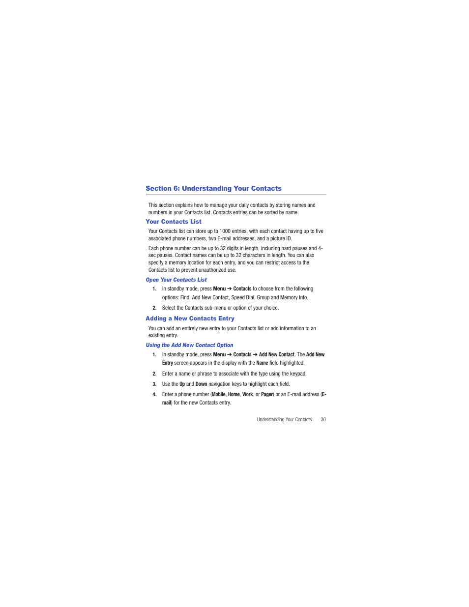 Section 6: understanding your contacts, Your contacts list, Adding a new contacts entry | Your contacts list adding a new contacts entry, For more information | Samsung SCH-R335MSATRF User Manual | Page 39 / 108