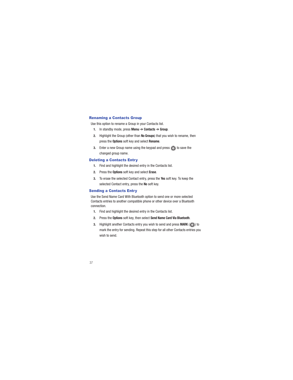 Renaming a contacts group, Deleting a contacts entry, Sending a contacts entry | Samsung SCH-R335MSATRF User Manual | Page 46 / 108
