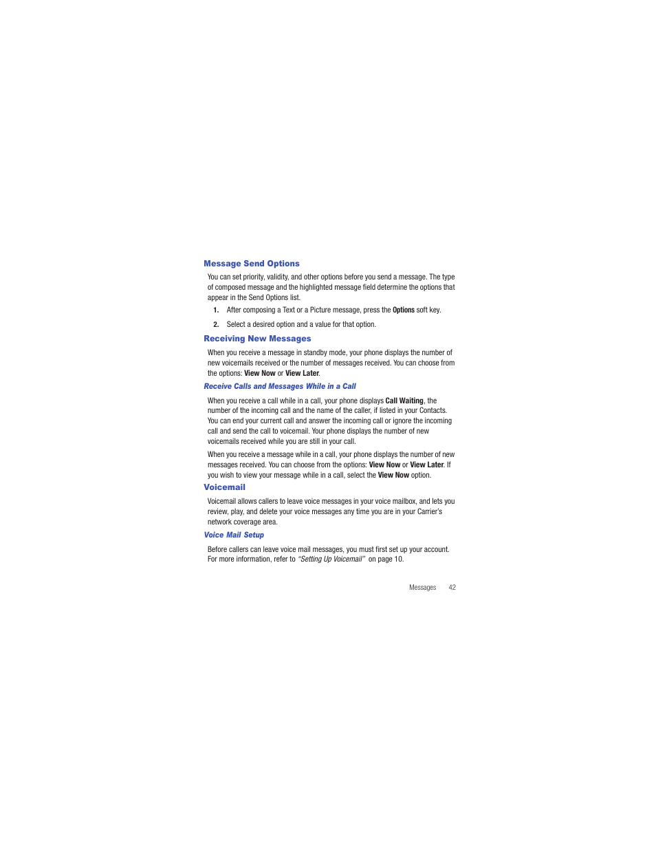 Message send options, Receiving new messages, Voicemail | For more | Samsung SCH-R335MSATRF User Manual | Page 51 / 108